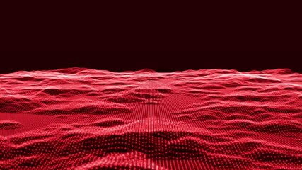 Poster - Futuristic abstract digital landscape - Red version and Retro land. Flying over data patterns, Abstract dot and lines technology background, Loopable