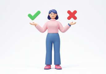 Poster - 3D Illustration of Cartoon woman holding check mark and cross isolated on white background