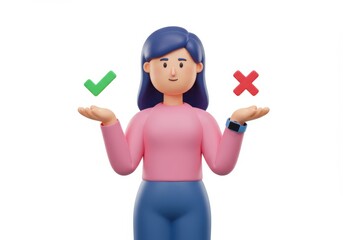 Poster - 3D Illustration of Cartoon woman deciding between check mark and x mark isolated on white background