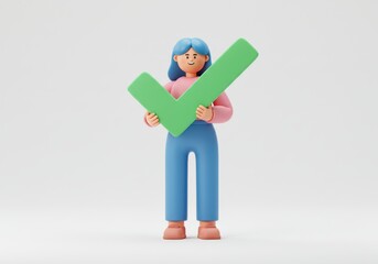 Fototapete - 3D Illustration of Cartoon woman holding a green check mark isolated on white background