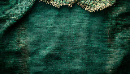 Poster - blank uncoated canvas or scrim for background long and wide panoramic banner background from rough linen dark green cloth or burlap
