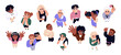 © Paper Trident - Happy people look up set. Smiling men and women hand gesturing, greeting, waving, take photo and selfie top view. Above of crowd with joyful face. Flat isolated vector illustration on white background