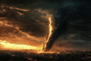 Wall Mural - Nature Storm. Dramatic Hurricane with Thunderstorm and Flash of Lightning in Night Sky