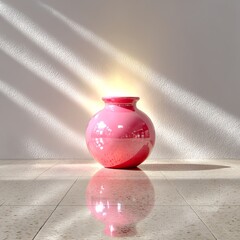 Aufkleber - Pink Pottery: A Shiny Vase Bathed in Sunlight, Reflected on a Tiled Floor Against a Textured Wall