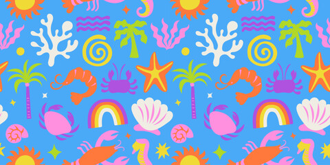 Aufkleber - Vector seamless pattern with hand drawn elements, sea, ocean and vacation vibe, abstract cartoon background for textile, wallpaper, stationery, decorative gift paper, banners and prints