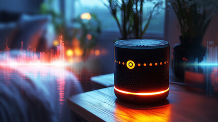 Poster - A smart assistant device sits on a wooden table, emitting vibrant sound graphics. Warm light from nearby plants adds to the cozy ambiance, creating a tech-friendly atmosphere.