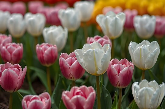beautiful pink and white tulips spring template background. tulip flowers blooming in sunlight on blurred green background. spring time. postcard beauty decoration concept design.generative.ai