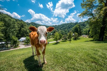 Poster - Brown and white calf in a sunny meadow with green grass and rolling hills in the background