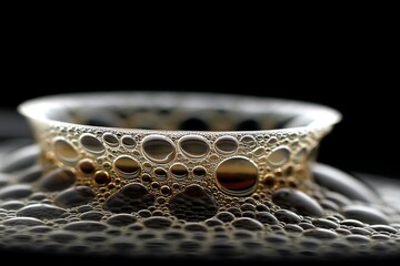 Poster - Close-up view of bubbles forming on the surface of a dark liquid in a glass container during a calm evening