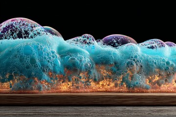 Poster - Colorful bubbles forming a vibrant display on a wooden surface, creating a mesmerizing effect in a dark environment