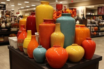 Poster - Colorful ceramic vases displayed in a retail store during autumn season