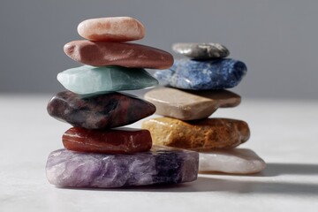 Aufkleber - Stacked stones displaying various colors and textures arranged on a light surface in a minimalistic setting