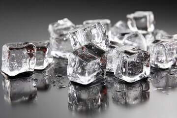 Poster - Clear ice cubes scattered on a reflective surface with water droplets glistening in soft light