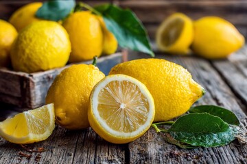 Poster - Freshly harvested lemons on rustic wooden table with vibrant colors and natural light during afternoon