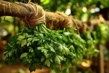 Aufkleber - Freshly harvested parsley bundles tied with twine hanging in a rustic garden environment