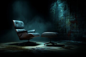 Poster - Elegant leather chair and ottoman in a dimly lit room with a textured wall
