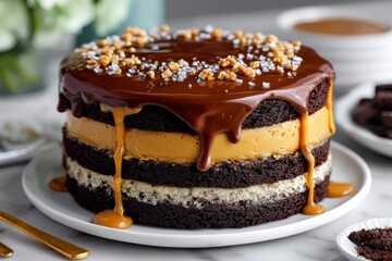 Aufkleber - Delicious multi-layered chocolate cake with caramel sauce and crunchy toppings at a dessert display