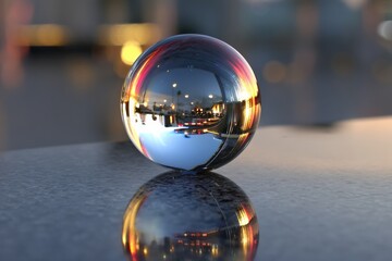 Poster - Reflection of a vibrant sunset captured in a glass sphere on a reflective surface in an urban environment
