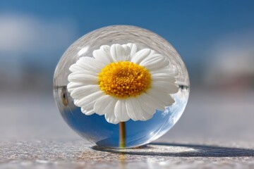 Poster - Daisy flower captured in a crystal ball reflecting sky and surroundings in vibrant colors