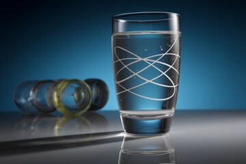 Aufkleber - Clear glass of water on a shiny surface with decorative glasses in the background during a studio photo session at dusk
