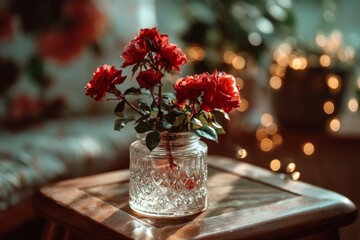 Poster - Roses in a glass vase illuminated by soft light in a cozy indoor setting with decorative bokeh
