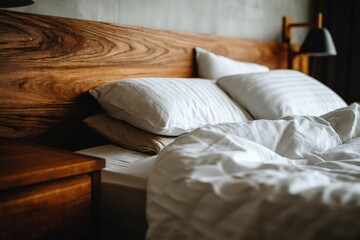Leinwandbilder - Cozy and inviting bedroom setup with soft pillows and rumpled bedding in a modern interior