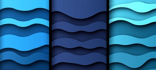 Poster - Abstract Background, 3D Layered Paper Folds in Blue Tones Forming Dynamic, Flowing Waves.