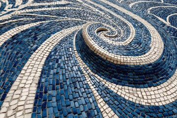 Aufkleber - Beautiful blue and white mosaic pattern creates a swirling design on a textured surface in a public space