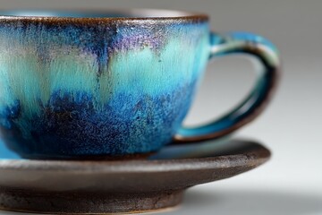 Poster - Unique blue ceramic cup with artistic glaze on a saucer positioned on a light backdrop