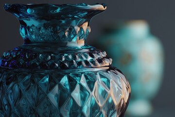 Poster - Close-up of intricate blue glass vase with elegant design displayed against soft blurred background