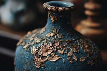 Aufkleber - Intricate decorative vase with golden accents displayed in an artistic setting