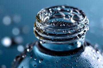Poster - Close-up of water bottle neck with droplets reflecting light in a cool blue setting