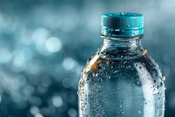 Poster - Clear water bottle with condensation against a blue sparkling background in a refreshing setting
