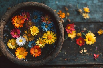 Aufkleber - Colorful flowers floating in a rustic bowl on a wooden surface during the afternoon light of spring