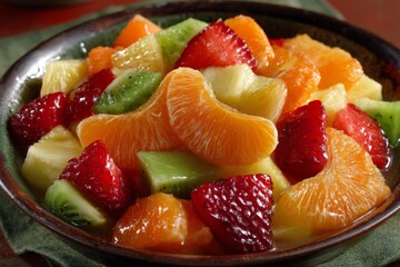 Poster - Fresh fruit salad with vibrant colors arranged in a bowl served on a green cloth background