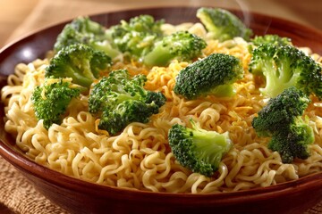 Poster - Savory bowl of steaming noodles topped with fresh broccoli and cheese served in a rustic wooden dish