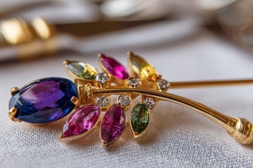 Poster - Golden brooch adorned with colorful gemstones displayed on a fine fabric background during a jewelry showcase