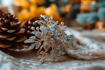 Aufkleber - Elegant decorative brooch surrounded by pine cones and soft fabric in warm setting