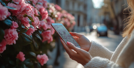 Poster - A senior individual engages with a smartphone displaying a graphics interface, surrounded by blooming pink flowers on a sunny day.