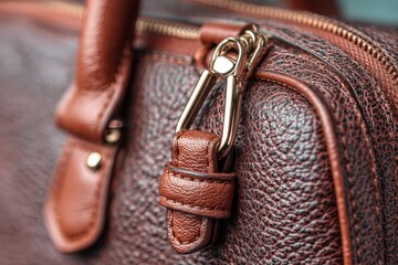 Poster - Brown leather handbag with detailed texture and zipper close-up showing craftsmanship and quality materials used