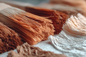 Aufkleber - Various shades of natural fibers displayed on a surface in a textile workshop setting