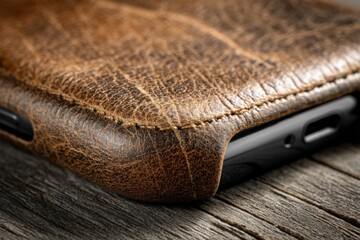 Poster - Close-up view of a leather phone case resting on a wooden surface highlighting its texture and craftsmanship