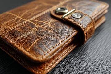 Poster - Brown leather wallet rests on textured black surface highlighting craftsmanship and design details in close-up shot