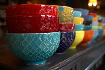 Aufkleber - Colorful ceramic bowls stacked artistically in a vibrant display at a craft fair