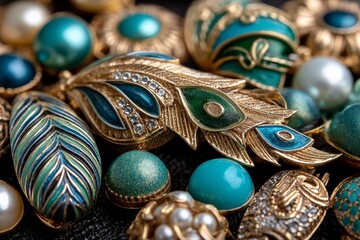 Poster - Beautiful collection of vintage jewelry featuring intricate designs and vibrant colors on a dark background