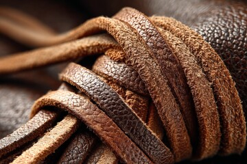 Aufkleber - Close-up view of intertwined leather strips showcasing texture and color variations in a crafting environment