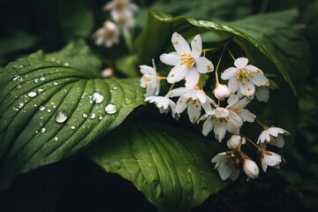 Poster - Delicate white flowers bloom among lush green leaves in a tranquil forest setting after rain
