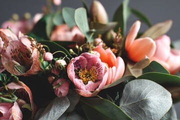 Poster - Beautiful arrangement of pink flowers with lush greenery in soft light during spring season