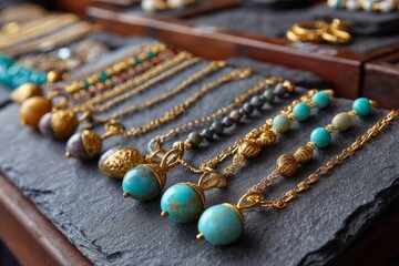 Poster - Elegant handmade jewelry displayed on dark slate showcasing intricate designs and vibrant colors in a boutique setting