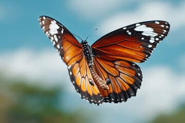 Poster - Monarch butterfly gracefully gliding through a sunny garden in mid-spring, showcasing vibrant orange and black wings
